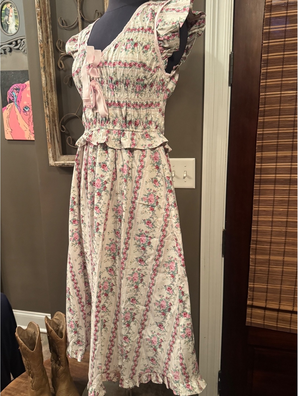NWT Listicle Women's Midi Dress Floral Print with Pink Ribbon Tie
